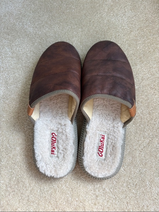 Olukai Mua \'Ili Mule Slippers Leather Dark Wood/Silt Shearling Men’s Size 9 main image 5